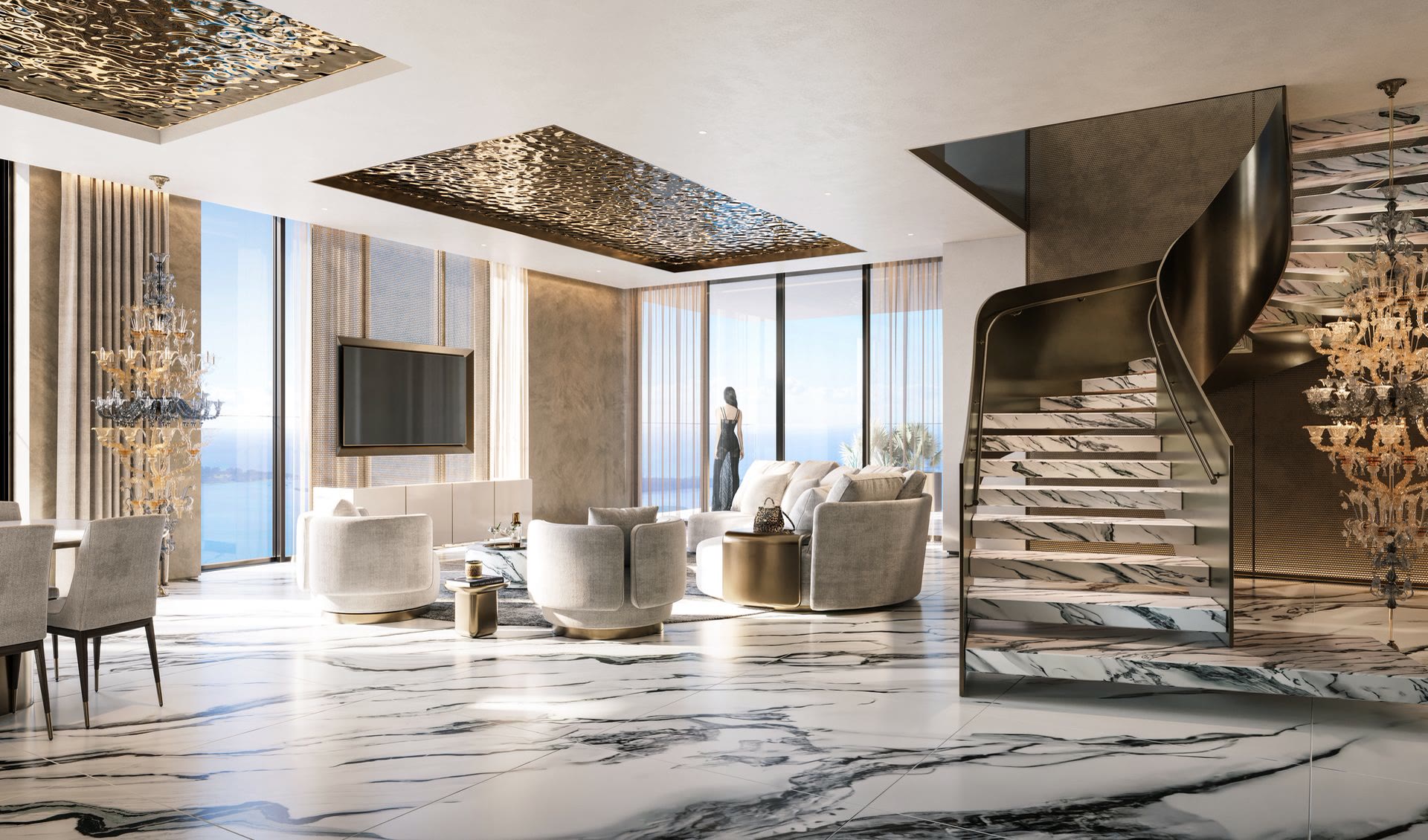 Living room with full-height glass and bay views