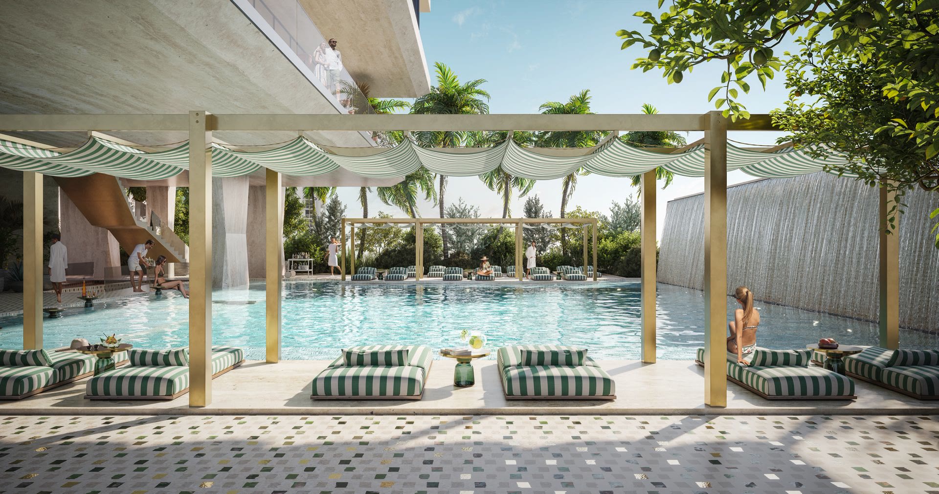 Pool deck with cabanas